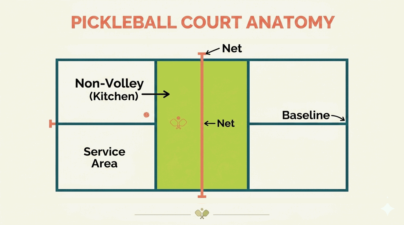 Annotated pickleball court showing the non-volley zone, service areas, baseline, and net