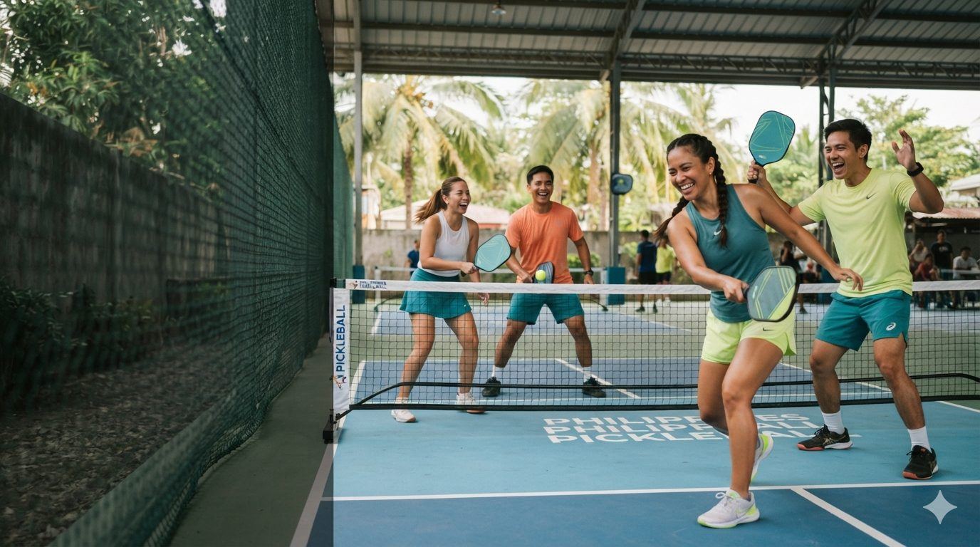 Four friends smiling on a Philippine pickleball court