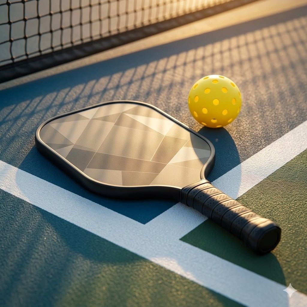 A pickleball paddle and yellow outdoor pickleball on a court