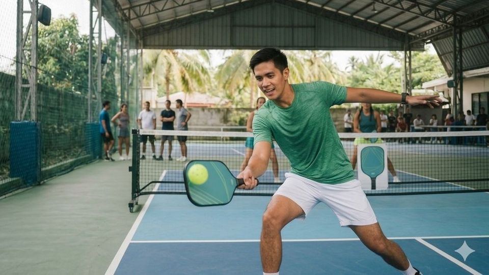 A player serving on a pickleball court