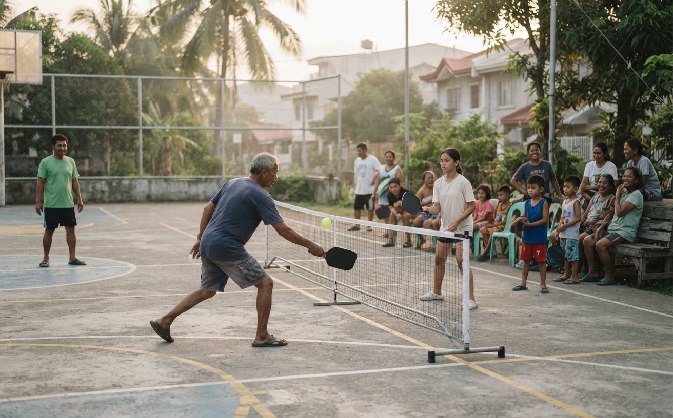 Neighbours of all ages playing pickleball on a barangay basketball court with taped lines