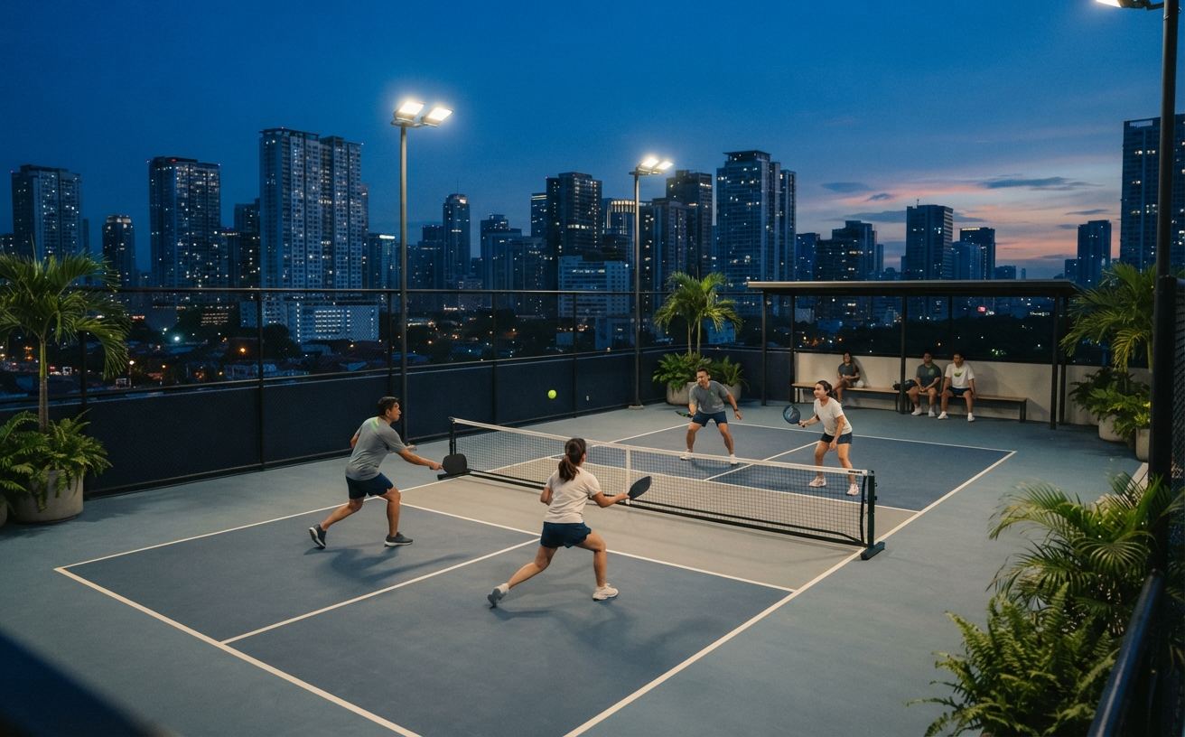 A rooftop pickleball court in Metro Manila lit at blue hour with the city skyline behind