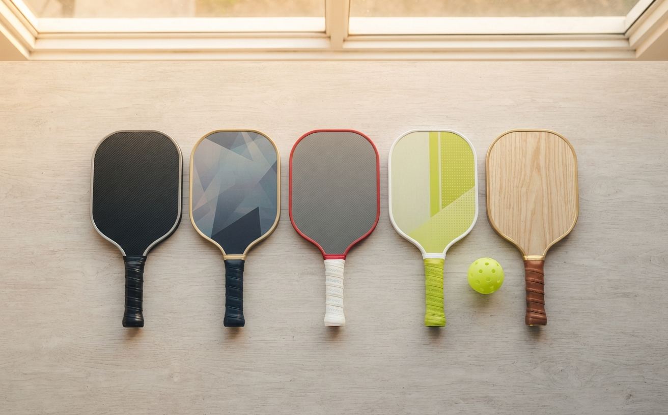 Five pickleball paddles arranged in a row beside a ball, photographed from directly above