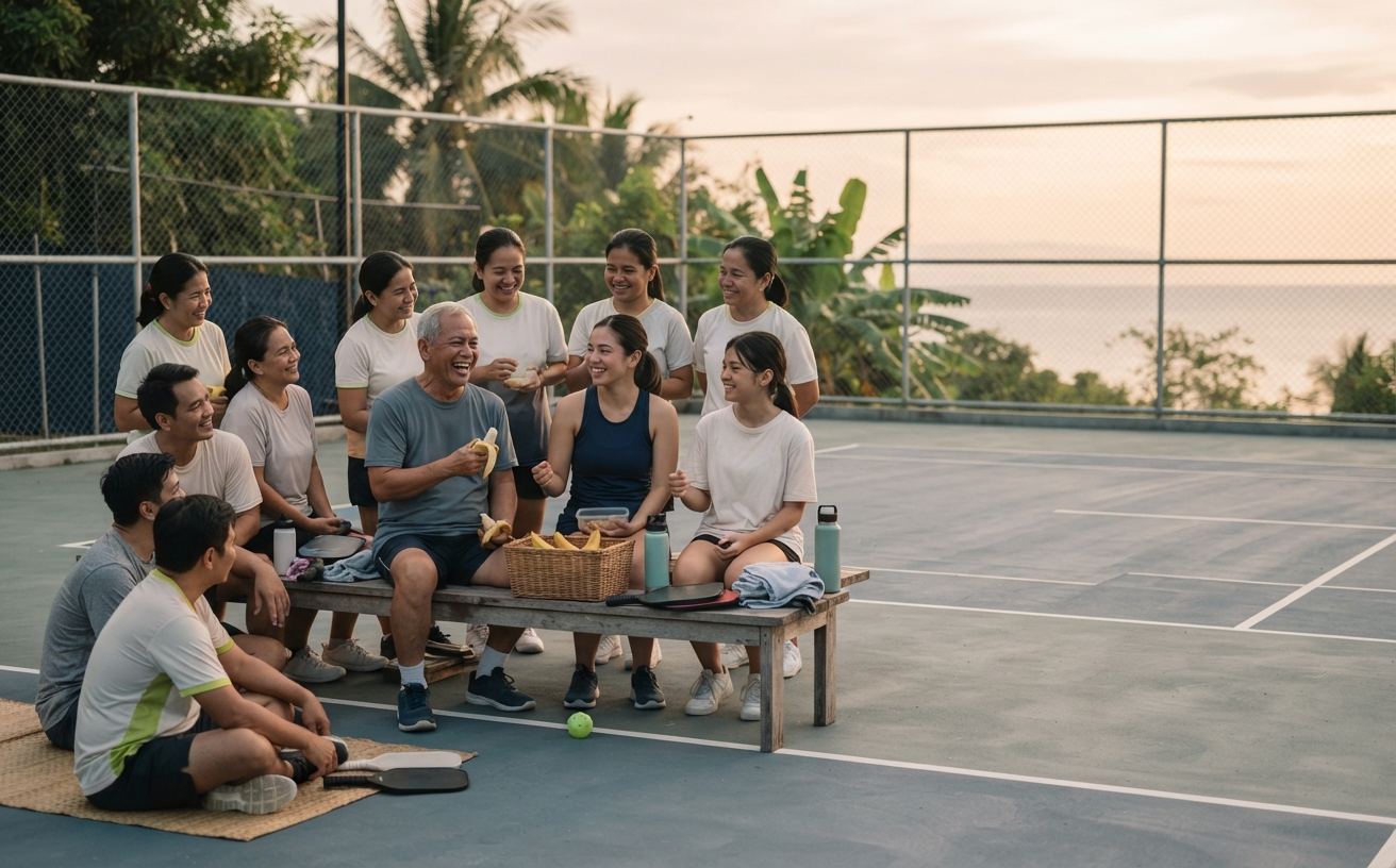 Cebu Coastal Paddlers members resting courtside between games at an open-air court
