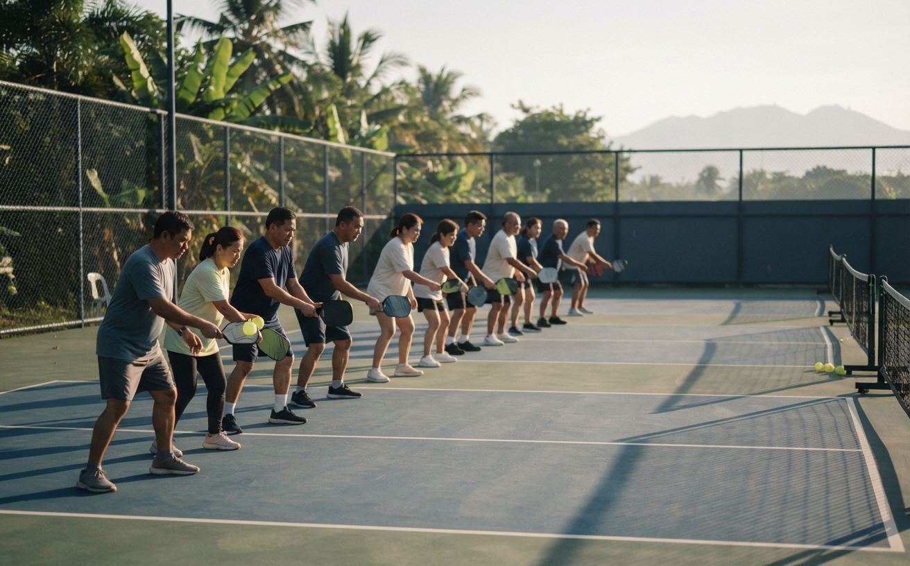 Davao Sunrise Club members drilling in lines on an outdoor court in early morning light