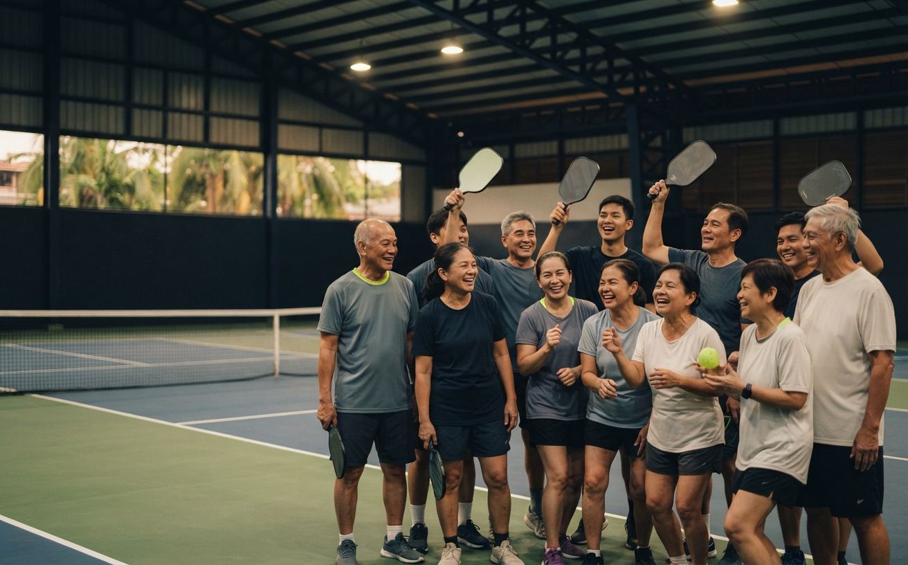 Manila Picklers members of mixed ages gathered on an indoor court with paddles raised, laughing together
