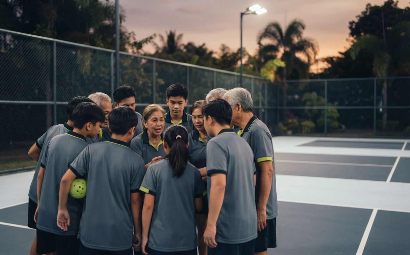 South Rally Club members in matching team shirts huddled on an outdoor court at dusk