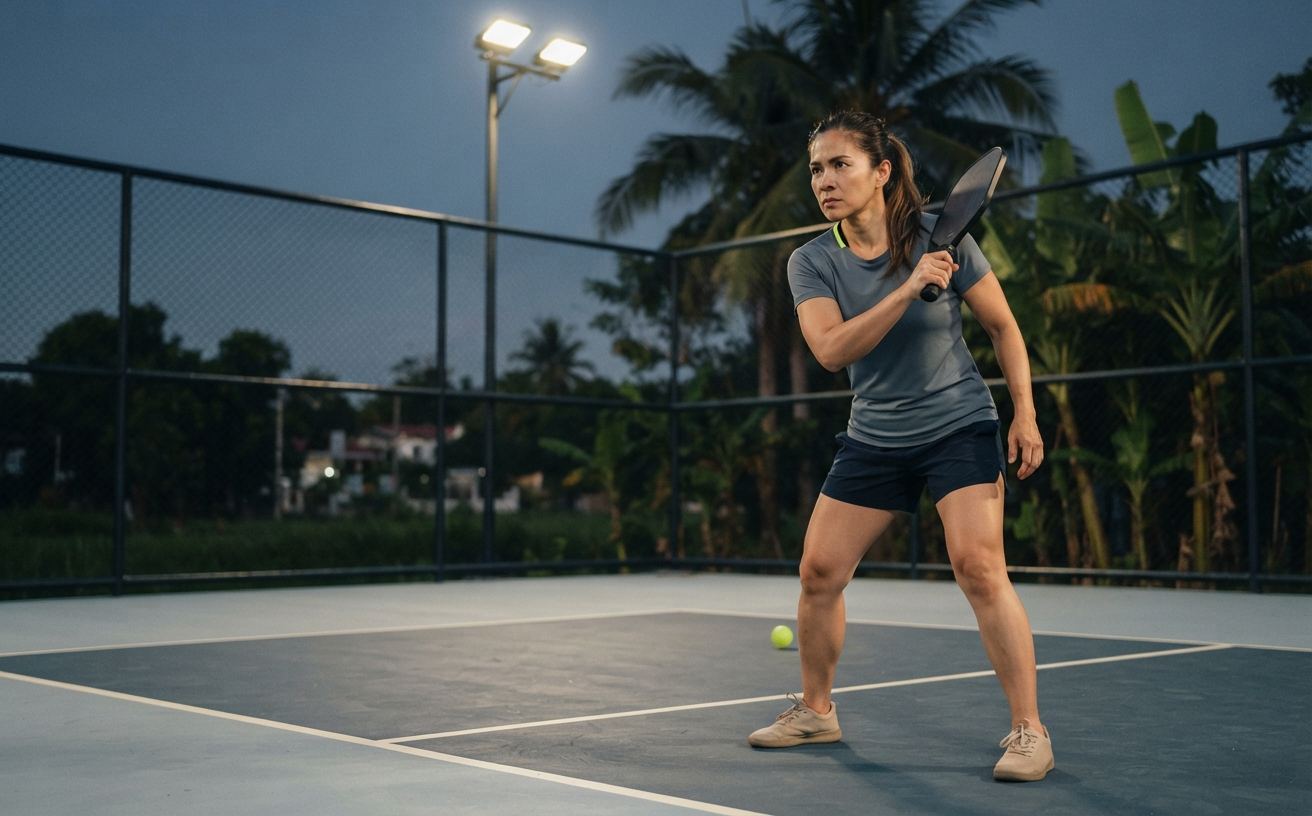 Coach Anna Lim in a ready position with paddle raised on a floodlit outdoor court in Alabang