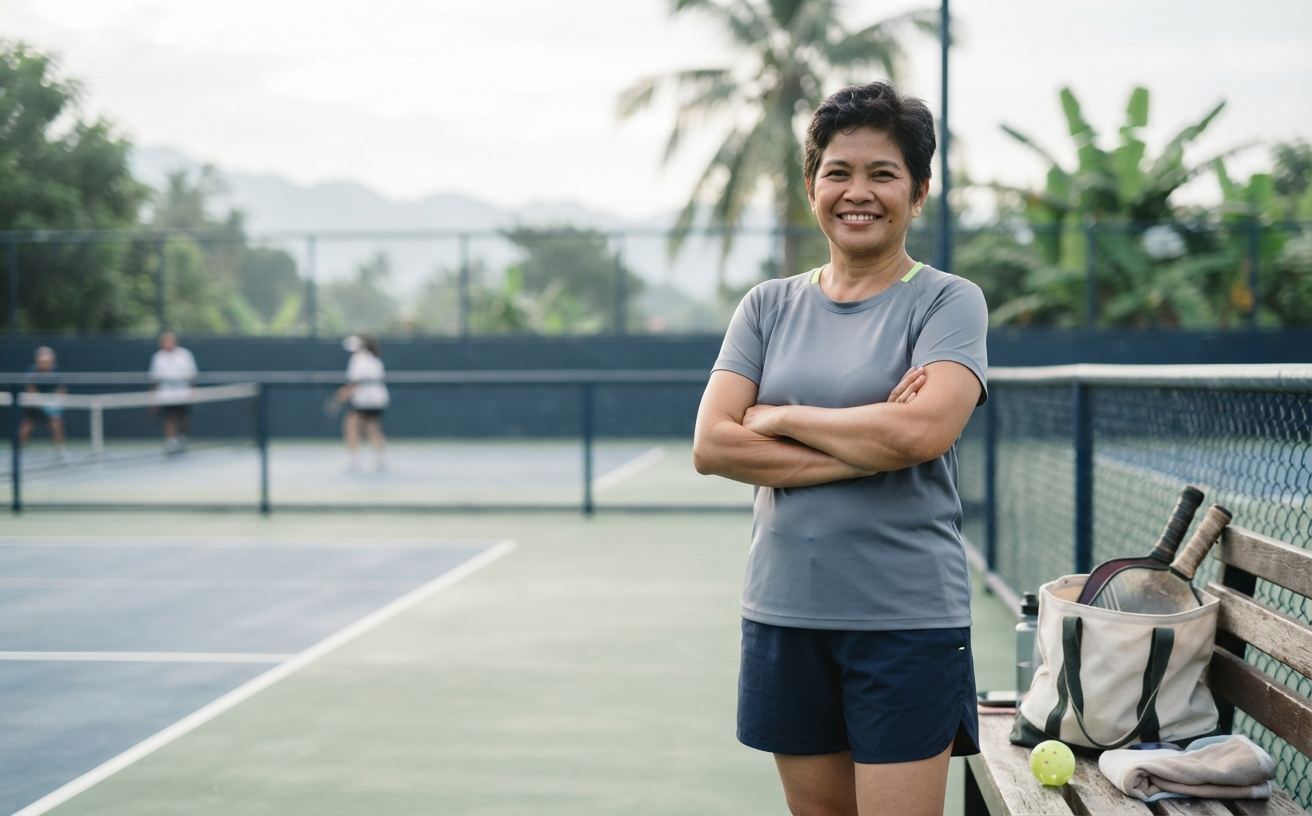 Coach Grace Mendoza on a community court in Davao with loaner paddles in a bag beside her
