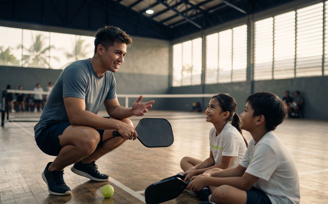 Coach Jomar Villanueva crouching to talk with junior players in a Cebu sports hall
