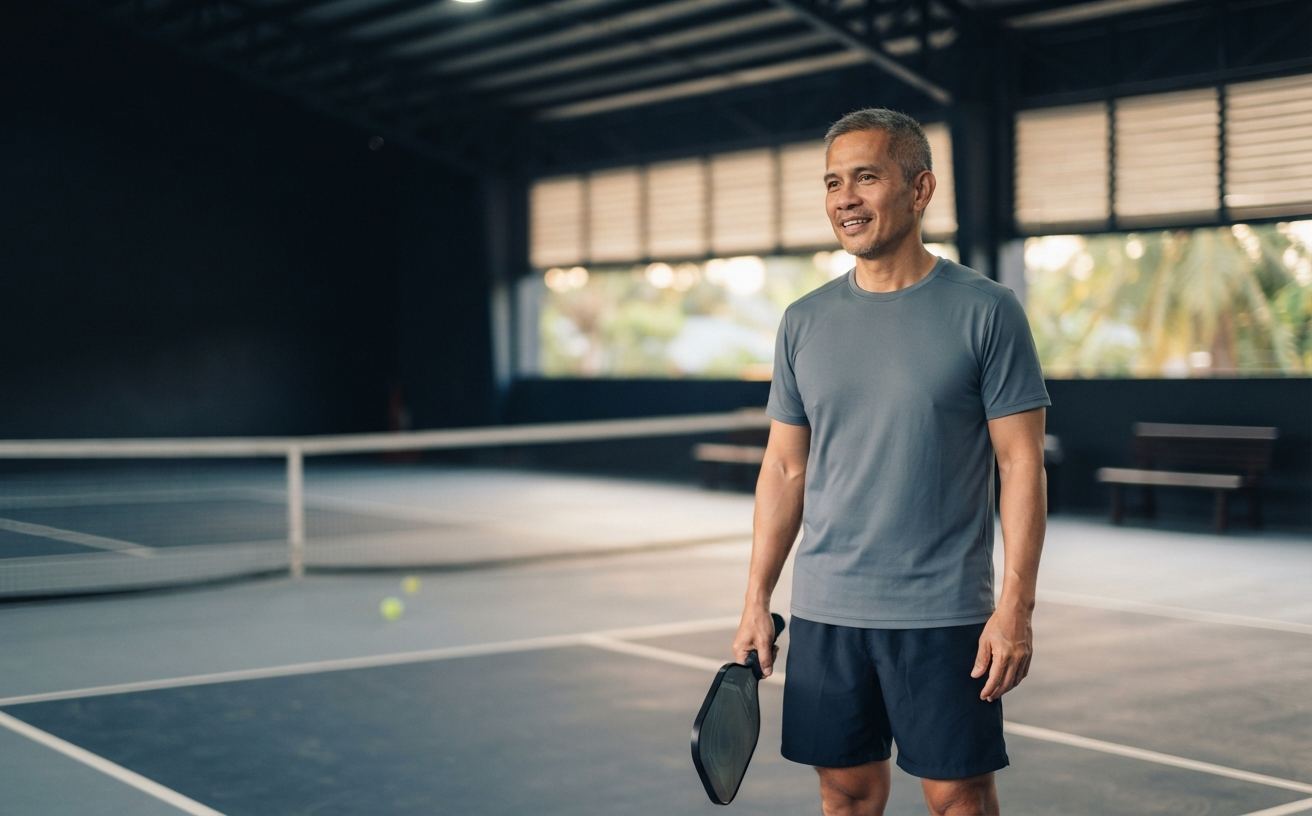 Coach Ramon Delgado standing on an indoor court in Makati holding a pickleball paddle