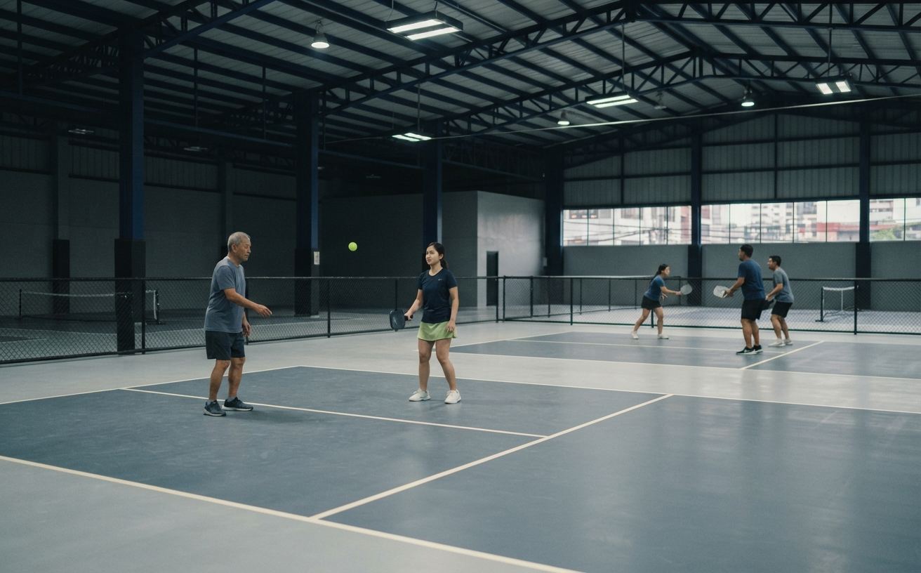Indoor pickleball courts with a polished acrylic surface and high steel-truss ceiling at Ace Pickleball Center in Makati