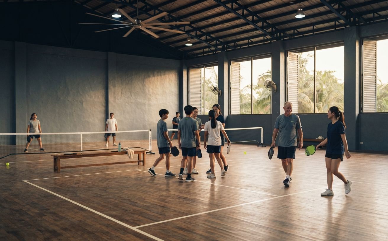 Indoor pickleball court on a wooden floor with tall louvred windows at Cebu Sports Hub