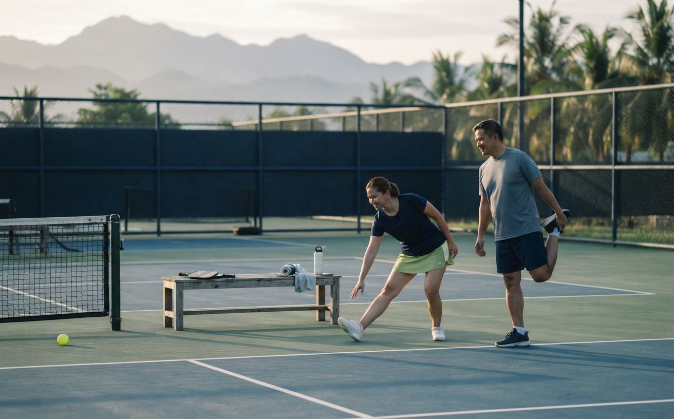Outdoor pickleball courts in low early-morning light at Davao Rally Courts