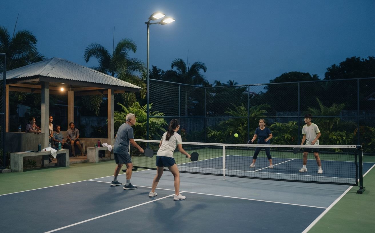 Outdoor pickleball court lit by floodlights at dusk at South Picklers Club in Alabang