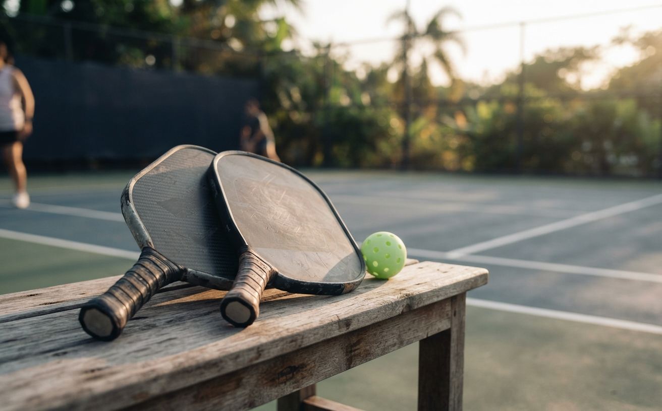 Two visibly worn pickleball paddles with scuffed faces and grips resting on a wooden bench beside a yellow-green ball, on an outdoor court at golden hour