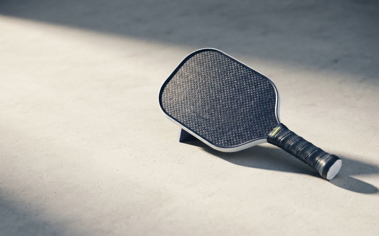 A pickleball paddle with a textured raw carbon face resting at an angle on a pale neutral surface