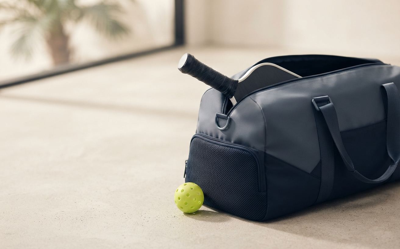 A navy sports duffel bag with a vented mesh side pocket, a pickleball paddle handle protruding from the main compartment and a yellow-green ball beside it