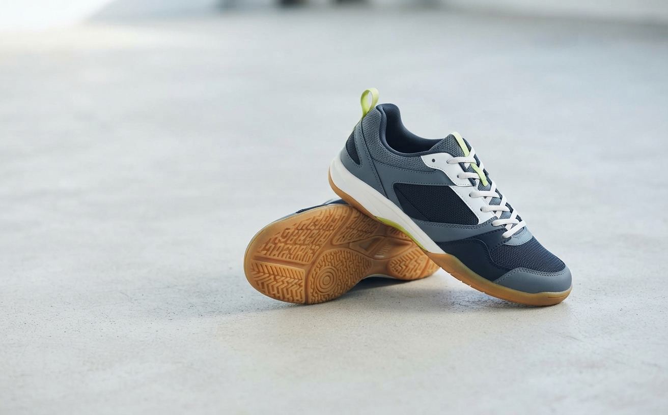 A pair of indoor court shoes with non-marking gum soles on a pale neutral surface