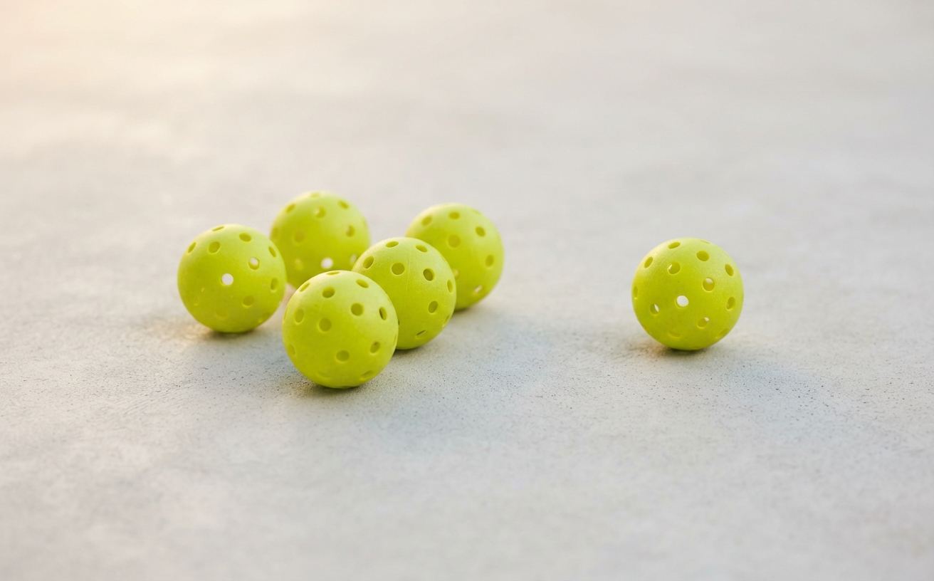 Six yellow-green outdoor pickleballs grouped on a pale surface, one set slightly apart from the rest