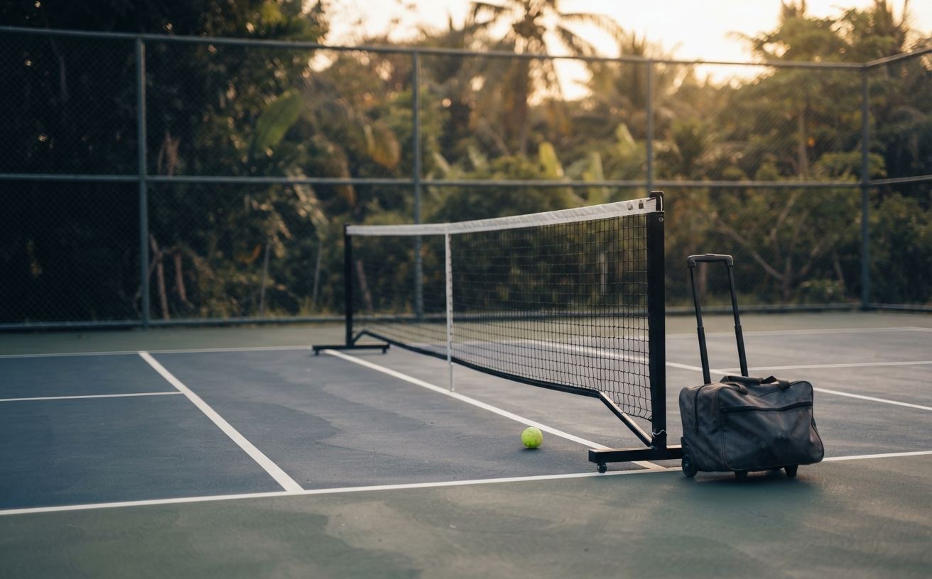A portable pickleball net system set up across an empty outdoor court at golden hour