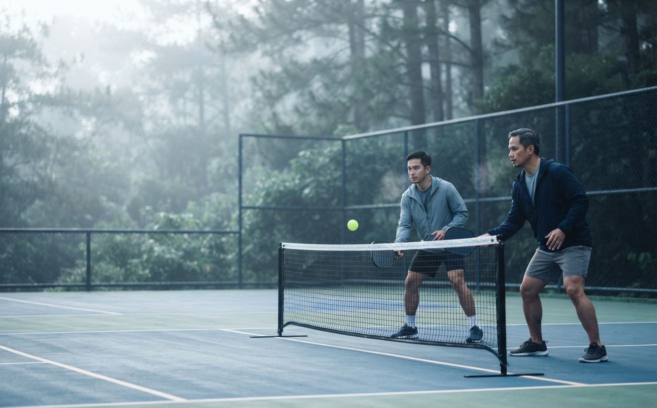 A singles match on a misty highland court surrounded by pine trees at the Baguio Highland Cup